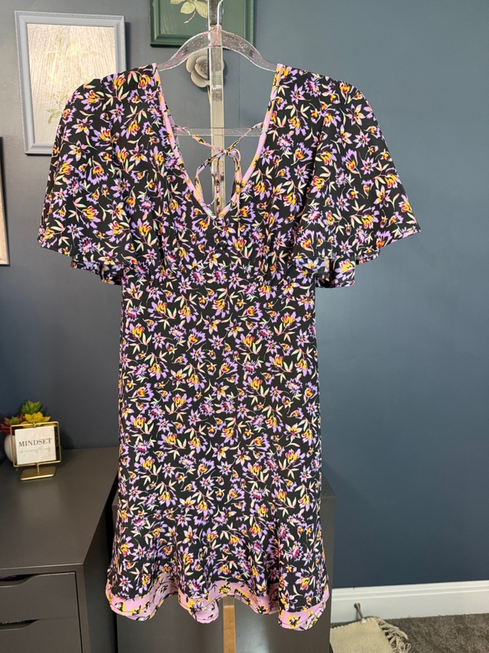 Band of Gypsies Black Mini Dress with Pink and Yellow Floral Print